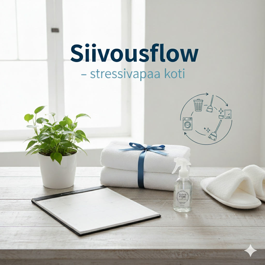 SIIVOUSFLOW- STRESSIVAPAA KOTI ’Haluatko siistin kodin joka ei vaadi jatkuvaa kamppailua? Opi siivousvirran salaisuudet